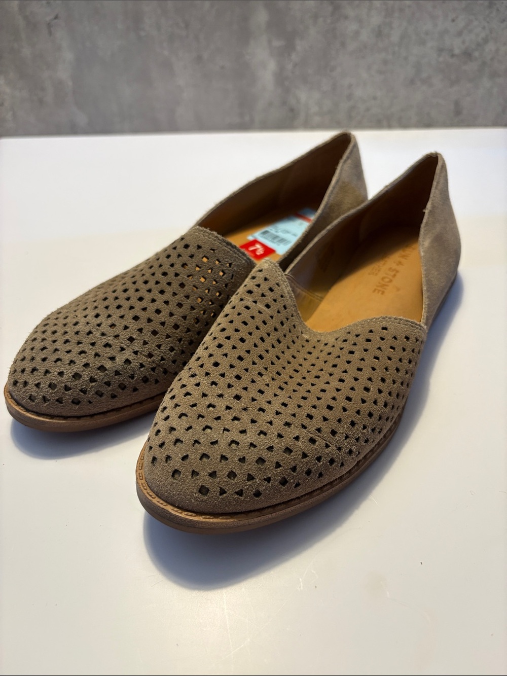 Sun + Stone Taupe size 7.5 Perforated Suede leather Slip-On Flats NWT new!